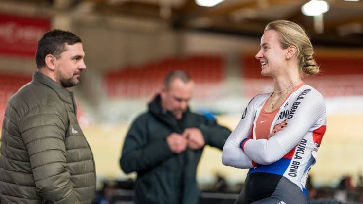 Track Cacling Challenge ; Grenchen, 13.12.2024 Jabornikova Veronika (DUB - Dukla Brno), right, and coach Petr Klimes, left Track cycling, Rad, Radsport, Bahnrad, Bahn Challenge in Grenchen, 13.12.2024 Copyright: xBEAUTIFULxSPORTS OlafxRellischx