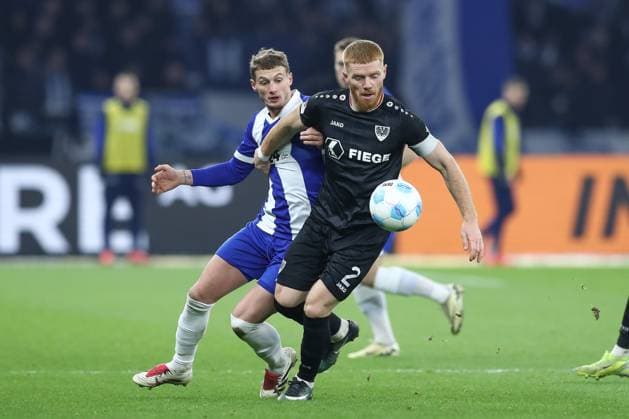 13.12.2024, xtgx, Fussball 2. Bundesliga, Hertha BSC Berlin - SC Preussen Muenster emspor, v.l. Michael Cuisance (Hertha, 27), Mikkel Kirkesov (Münster, 2) (DFL DFB REGULATIONS PROHIBIT ANY USE OF PHOTOGRAPHS as IMAGE SEQUENCES and or QUASI-VIDEO) Berlin