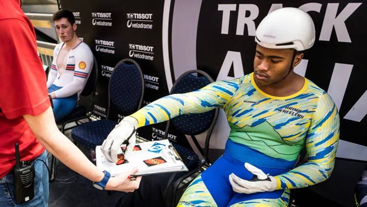 Track Cacling Challenge ; Grenchen, 13.12.2024 Keirin start procedure: Phillip Njisane (JLD - JLD Cycling Acamedy, 119) Track Cacling Challenge in Grenchen, 13.12.2024 Copyright: xBEAUTIFULxSPORTS OlafxRellischx