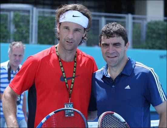 TENNIS : MUTUA MADRID OPEN 2011 Carlos Moya and Manolo Sanchis is playing a tennis exhibition in Madrid Open 2011 Madrid Spain  Copyright: xM.xJeusettex MUTUA MADRID OPEN 2011