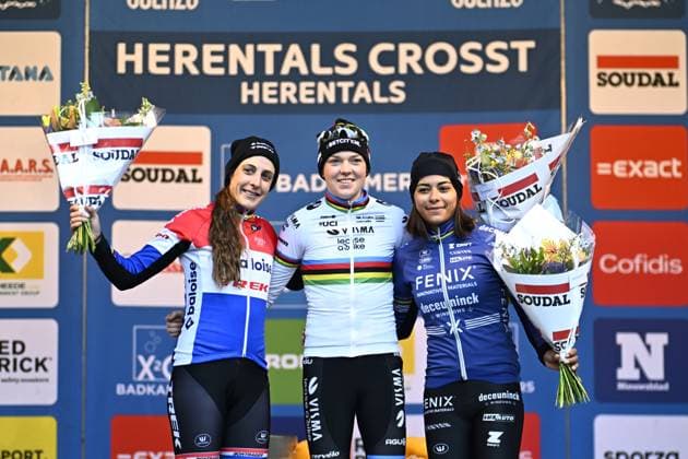 Dutch Lucinda Brand, Dutch Fem Van Empel and Dutch Ceylin Del Carmen Alvarado celebrate on the podium after the women s elite race at the Herentals Crosst cyclocross cycling event on Saturday 14 December 2024 in Herentals, stage 4 8 in the X2O Badkamers Trofee Veldrijden competition. JASPERxJACOBS  x108240970x