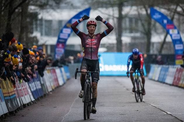 Belgian Michael Vanthourenhout celebrates as he crosses the finish line to win the men s elite race at the Herentals Crosst cyclocross cycling event on Saturday 14 December 2024 in Herentals, stage 4 8 in the X2O Badkamers Trofee Veldrijden competition. JASPERxJACOBS  x108248169x