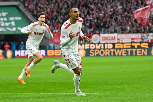 Koeln, Rheinenergiestadion, 15.12.24, GER, Herren, 2.Bundesliga, Saison 2024-2025, 1.FC Koeln - 1.FC Nuernberg Bild: Damion DOWNS (Koeln) jubelt nach seinem Tor zum 1:0 DFL regulations prohibit any use of photographs as image sequences and or quasi-video. NRW Deutschland