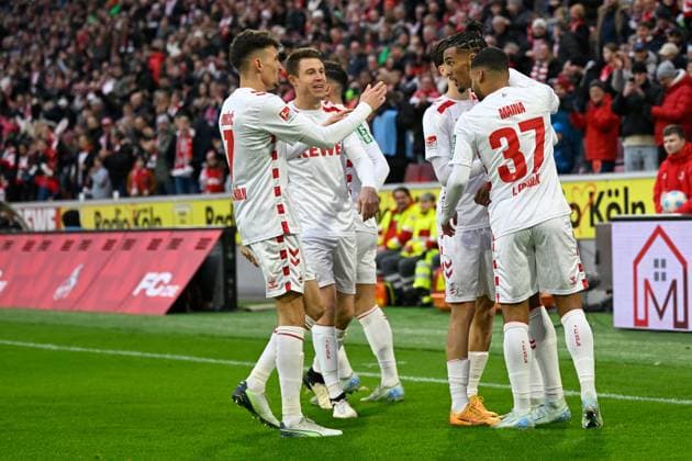 Koeln, Rheinenergiestadion, 15.12.24, GER, Herren, 2.Bundesliga, Saison 2024-2025, 1.FC Koeln - 1.FC Nuernberg Bild: Damion DOWNS (Koeln) jubelt nach seinem Tor zum 1:0 DFL regulations prohibit any use of photographs as image sequences and or quasi-video. NRW Deutschland