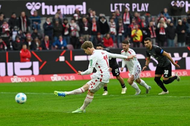 Koeln, Rheinenergiestadion, 15.12.24, GER, Herren, 2.Bundesliga, Saison 2024-2025, 1.FC Koeln - 1.FC Nuernberg Bild: Florian KAINZ (Koeln) macht das Tor zum 2:0 DFL regulations prohibit any use of photographs as image sequences and or quasi-video. NRW Deutschland