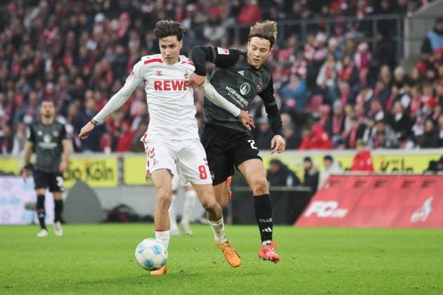 Denis Huseinbasic (Koeln 8), Oliver Villadsen (Nuernberg 2), GER, 1. FC Koeln vs. 1. FC Nuernberg , 2. Fussball-Bundesliga, 16. Spieltag, Saison 2024 2025, 15.12.2024, DFL REGULATIONS PROHIBIT ANY USE OF PHOTOGRAPHS AS IMAGE SEQUENCES AND OR QUASI-VIDEO, GER, 1. FC Koeln vs. 1. FC Nuernberg , 2. Fussball-Bundesliga, 16. Spieltag, Saison 2024 2025, 15.12.2024 Koeln