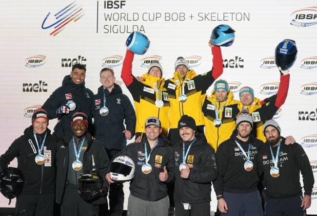 Sport Themen der Woche KW50 Sport Bilder des Tages IBSF Latvia Bobsleigh World Cup, World Cup, WC, Bobsleigh, Bobsleigh World Cup, IBSF, Skeleton and Bobsleigh World Cup, , 15.12.2024, Sigulda, Latvia (LVA): IBSF Latvia Bobsleigh World Cup, Francesco Friedrich and Alexander Schüller of Germany, Johannes Lochner and Jörn Wenzel of Germany, Brad Hall and Greg Cackett of Great Britain , Boris Vain and Arthur Prevost of Monaco , Frank del Duca and Charles Volker of United States , Chunjian Li and Tai An of China . Photo: Roman Koksarov Sigulda Latvia Copyright: xRomanxKoksarovx RKO03075.JPG