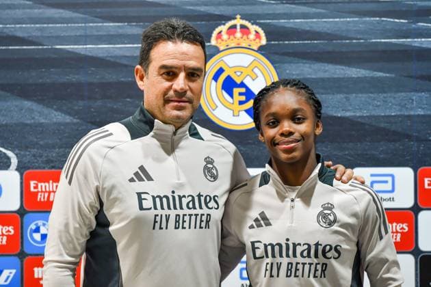 Sport Bilder des Tages December 16, 2024, Valdebebas, Madrid, Spain: Coach ALBERTO TORIL and Real Madrid CF Femenino player LINDA CAICEDO during a press conference, PK, Pressekonferenz at Alfredo Di Stefano, Spain, on December 16. Valdebebas Spain - ZUMAc312 20241216_zsp_c312_004 Copyright: xOscarxManuelxSanchezx