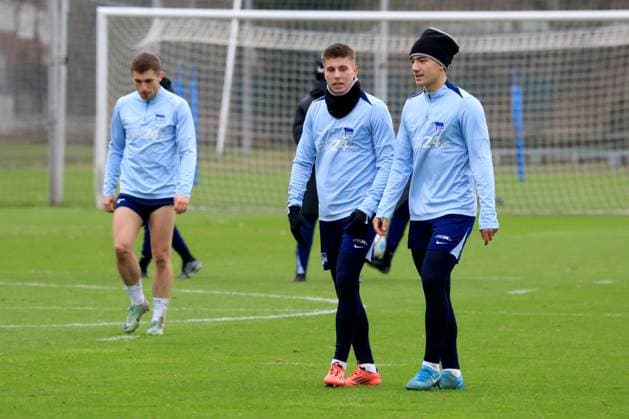 DEU, DFL, 2. FBL Hertha BSC, Training, 17.12.2024, Sportforum, Berlin, DEU, DFL, 2. FBL Hertha BSC, Training, im Bild Gustav Christensen (Hertha BSC Berlin 26), Ibrahim Maza (Hertha BSC Berlin 10) DFL - regulations prohibit any use of Photographs as image sequences and or quasi-video Foto: Juergen Engler nordphoto GmbH