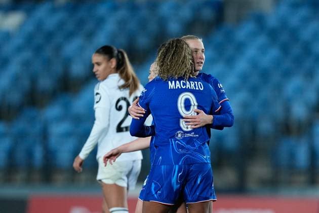 December 17, 2024, Valdebebas, Madrid, SPAIN: Catarina Macario of Chelsea celebrates a goal during the UEFA Womenâ€⠢s Champions League, Group B, football match played between Real Madrid and Chelsea at Alfredo Di Stefano stadium on December 17, 2024, in Valdebebas, Madrid, Spain. Valdebebas SPAIN - ZUMAa181 20241217_zaa_a181_120 Copyright: xOscarxJ.xBarrosox