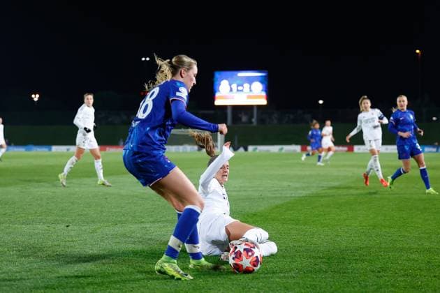 December 17, 2024, Valdebebas, Madrid, SPAIN: Wieke Kaptein of Chelsea and Sandie Toletti of Real Madrid in action during the UEFA Womenâ€⠢s Champions League, Group B, football match played between Real Madrid and Chelsea at Alfredo Di Stefano stadium on December 17, 2024, in Valdebebas, Madrid, Spain. Valdebebas SPAIN - ZUMAa181 20241217_zaa_a181_160 Copyright: xDennisxAgyemanx