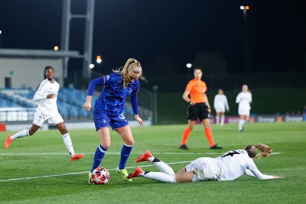 December 17, 2024, Valdebebas, Madrid, SPAIN: Olga Carmona of Real Madrid and Aggie Beever-Jones of Chelsea in action during the UEFA Womenâ€⠢s Champions League, Group B, football match played between Real Madrid and Chelsea at Alfredo Di Stefano stadium on December 17, 2024, in Valdebebas, Madrid, Spain. Valdebebas SPAIN - ZUMAa181 20241217_zaa_a181_162 Copyright: xDennisxAgyemanx