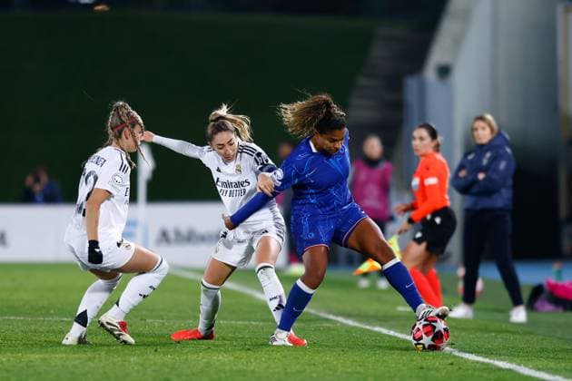 December 17, 2024, Valdebebas, Madrid, SPAIN: Catarina Macario of Chelsea and Olga Carmona of Real Madrid in action during the UEFA Womenâ€⠢s Champions League, Group B, football match played between Real Madrid and Chelsea at Alfredo Di Stefano stadium on December 17, 2024, in Valdebebas, Madrid, Spain. Valdebebas SPAIN - ZUMAa181 20241217_zaa_a181_177 Copyright: xDennisxAgyemanx