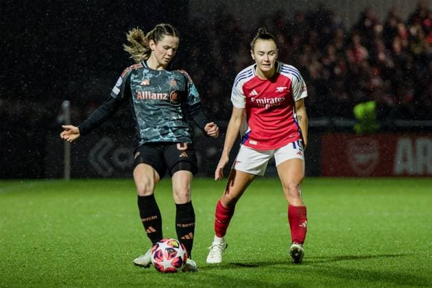 London, England, December 19 2024: Tuva Hansen (6 FC Bayern Munich) and Caitlin Foord (19 Arsenal) in action during the UEFA Womens Champions League game between Arsenal and FC Bayern Munich at Meadow Park in London, England. (Pedro Porru SPP) Copyright: xPedroxPorrux xSPPx spp-en-PePoSp-4F8A5940_DxO