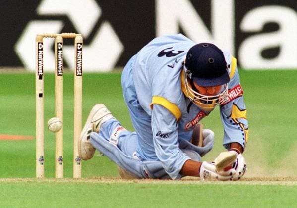 Cricket World Cup 1999 India v New Zealand Super Six Group Ajay Jadeja falls over trying to play a ball bowled from Allot as the Kiwis go on to win and book a place in the World Cup Semi Finals Cricket World Cup 1999 India v New Zealand Super Six Group DMGTCHPDPICT000414568548