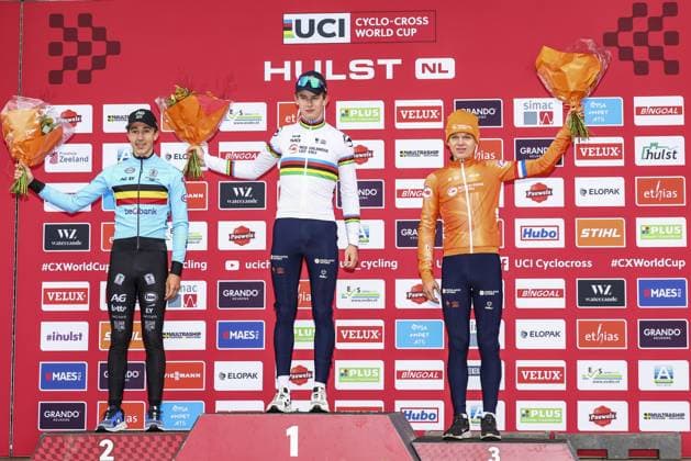 Belgian Jente Michels, Dutch Tibor Del Grosso and Dutch David Haverdings pictured on the podium after the men s U23 race at the World Cup cyclocross cycling event in Hulst, The netherlands, stage 5 (out of 12) of the UCI World Cup cyclocross competition, Saturday 21 December 2024. DAVIDxPINTENS  x108935113x