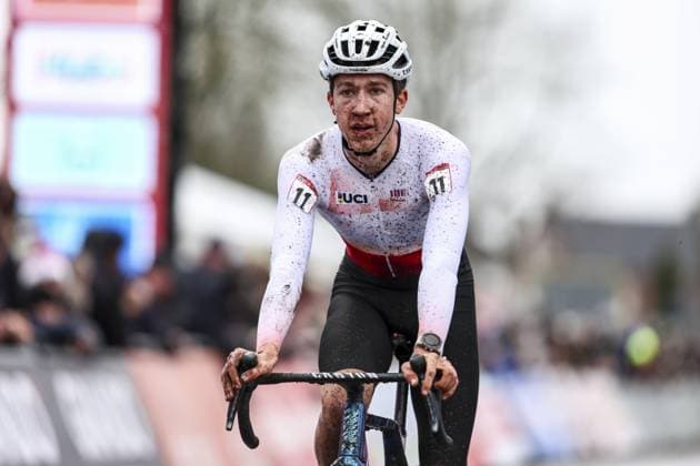 Belgian Jente Michels crosses the finish line at the men s U23 race at the World Cup cyclocross cycling event in Hulst, The netherlands, stage 5 (out of 12) of the UCI World Cup cyclocross competition, Saturday 21 December 2024. DAVIDxPINTENS  x108935129x