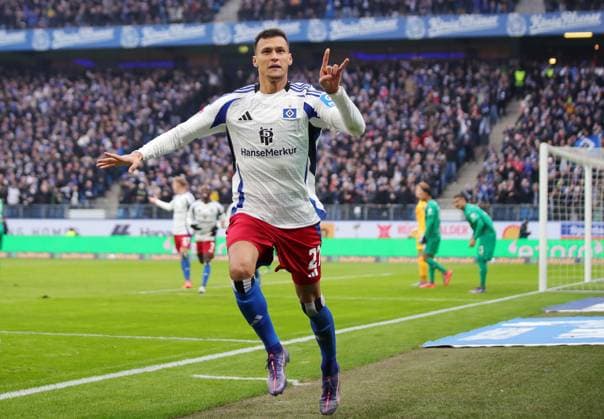 2.Liga Saison 2024-2025 17.Spieltag 21.12.2025 Hamburger SV - SpVgg Greuther Fuerth im Volksparkstadion 4 -0 Torjubel Davie Selke (Hamburger SV) DFL REGULATIONS PROHIBIT ANY USE OF PHOTOGRAPHS AS IMAGE SEQUENCES AND OR QUASI-VIDEO Foto: Michael Schwarz