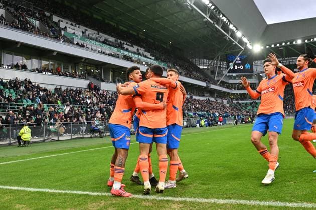 FOOTBALL : AS Saint-Etienne vs Olympique de Marseille - Coupe de France - 22 12 2024 Joie de Neal Maupay (om)et ses coÃ qquipiers Saint-EtienneFrance  Copyright: xFabricexChermetx