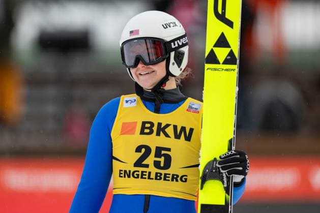 Ski jumping, Skispringen, Ski, nordisch - FIS WC Engelberg ENGELBERG,SWITZERLAND,22.DEC.24 - NORDIC SKIING, SKI JUMPING - FIS World Cup, large hill, ladies. Image shows Paige Jones (USA).  GEPAxpictures xWolfgangxKofler
