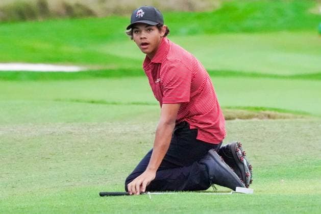 December 22, 2024, Orlando, Florida, USA: Charlie Woods shows disappointment in missing a winning putt on the 18th green during the final round of the PNC Championship at the Ritz-Carlton Golf Club. Orlando USA - ZUMAw109 20241222_fap_w109_007 Copyright: xDebbyxWongx