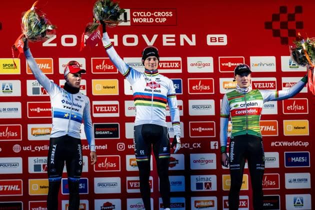 UCI Cyclocross World Cup Zonhoven 2024 ZONHOVEN, BELGIUM - DECEMBER 22 : Wyseure Joran (BEL) of Crelan - Corendon, Nys Thibau (BEL) of Baloise Trek Lions, Van Der Poel Mathieu (NED) of Alpecin - Deceuninck on the podium pictured during the UCI Zonhoven World Cup on December 22, 2024 in Zonhoven, Belgium, 22 12 2024 Zonhoven Belgium  Copyright: xBcex
