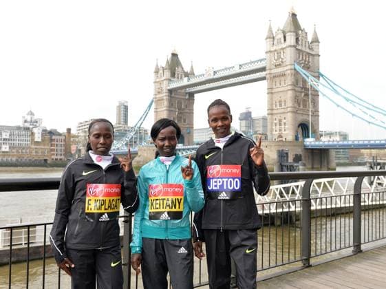 Track and Field: London Marathon-Elite Women Photocall Florence Kiplagat (KEN), Mary Keitany (KEN) and Priscah Jeptoo (KEN) pose at the Tower Bridge prior to the 2016 London Marathon in London on Thursday, April 21, 2016. Photo by Jiro Mochizuki London England United Kingdom EDITORIAL USE ONLY Copyright: xImagexofxSportx JiroxMochizukix iosphotos137030