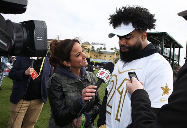 NFL, American Football Herren, USA Pro Bowl-AFC NFC Practice ESPN reporter Dianna Russini interviews Dallas Cowboys running back Ezekiel Elliott (21) after NFC practice, Wednesday, Jan 22, 2020, in Kississimee, Fla. (Steve Jacobson Image of Kissimiee Florida United States EDITORIAL USE ONLY Copyright: xImagexofxSportx StevexJacobsonx iosphotos174920