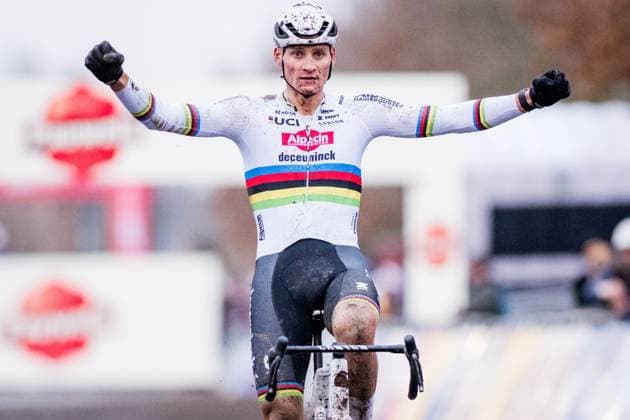 Dutch Mathieu Van Der Poel celebrates as he crosses the finish line to win the men s elite race of the World Cup cyclocross cycling event in Gavere on Thursday 26 December 2024, stage 7 (out of 12) of the UCI World Cup competition. JASPERxJACOBS  x109192745x