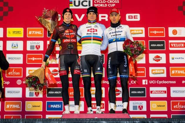 Sport Bilder des Tages Belgian Michael Vanthourenhout, Dutch Mathieu Van Der Poel and Belgian Thibau Nys pictured on the podium after the men s elite race of the World Cup cyclocross cycling event in Gavere on Thursday 26 December 2024, stage 7 (out of 12) of the UCI World Cup competition. JASPERxJACOBS  x109192770x
