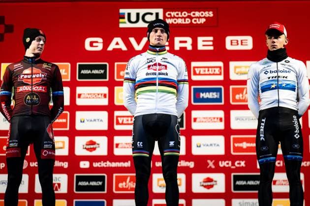 UCI Cyclocross World Cup Gavere 2024 GAVERE, BELGIUM - DECEMBER 26 : Vanthourenhout Michael (BEL) of Pauwels Sauzen - Bingoal, Van Der Poel Mathieu (NED) of Alpecin-Deceuninck and Nys Thibau (BEL) of Baloise Trek Lions pictured during the podium ceremony of the 7th leg of the UCI Cyclocross World Cup series 2024-2025 for Men Elite in Gavere, Belgium, 26 12 2024 Gavere Belgium  Copyright: xBcex