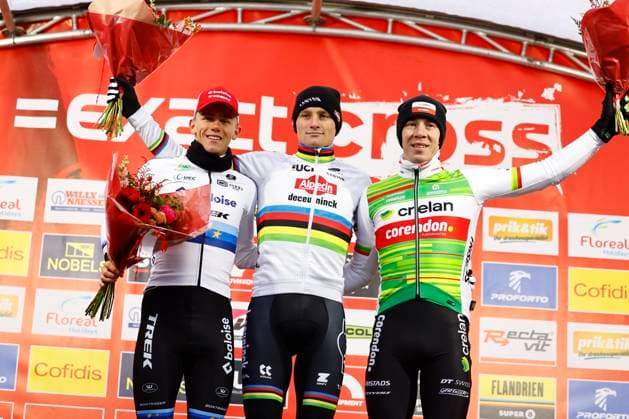 Exact Cross cyclocross Loenhout 2024 LOENHOUT, BELGIUM - DECEMBER 27 : Nys Thibau (BEL) of Baloise Trek Lions, Van Der Poel Mathieu (NED) of Alpecin-Deceuninck and Sweeck Laurens (BEL) of Crelan-Corendon pictured during the podium ceremony of the 5th leg of the Exact Cross cyclocross series 2024-2025 in Loenhout, Belgium, 27 12 2024 Loenhout Belgium  Copyright: xJanxDexMeuleneirx