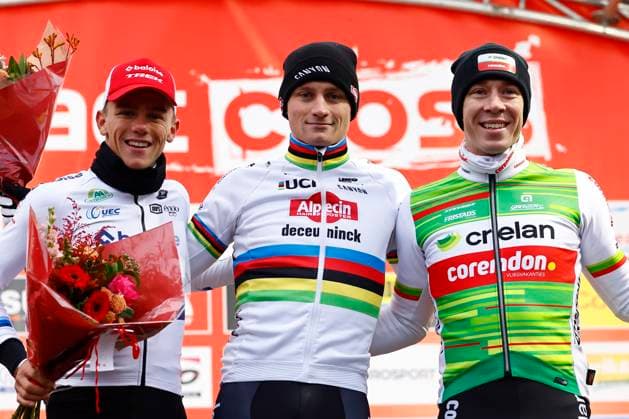 Exact Cross cyclocross Loenhout 2024 LOENHOUT, BELGIUM - DECEMBER 27 : Nys Thibau (BEL) of Baloise Trek Lions, Van Der Poel Mathieu (NED) of Alpecin-Deceuninck and Sweeck Laurens (BEL) of Crelan-Corendon pictured during the podium ceremony of the 5th leg of the Exact Cross cyclocross series 2024-2025 in Loenhout, Belgium, 27 12 2024 Loenhout Belgium  Copyright: xJanxDexMeuleneirx