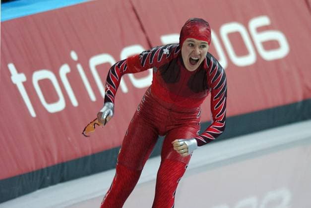 Clara Hughes, of Canada, reacts after seeing her time, which gave her the gold medal in the Ladies 5000-meter speedskating competition on Saturday, February 25, 2006, at the Oval Lingotto in Turin, Italy during the 2006 Winter Olympics. (Steve Deslich KRT) TURIN ITA EDITORIAL USE ONLY Copyright: xx StevexDeslichx krtphotos313993