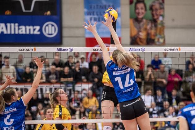 Kelsey Veltman (Allianz MTV Stuttgart, 14) - blockt Suhler Angriff GER, Allianz MTV Stuttgart - VfB Suhl LOTTO Thueringen, Volleyball Bundesliga, VBL, Spielzeit 2024 2025, 28.12.2024 GER, Allianz MTV Stuttgart - VfB Suhl LOTTO Thueringen, Volleyball Bundesliga, VBL, Spielzeit 2024 2025, 28.12.2024 Stuttgart Copyright: xSandyxDinkelackerx EP_SDR