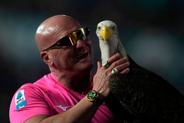 . Mascotte of the SS Lazio Eagle Olimpia with the head coach Juan Bernabe prior to, Serie A, SS Lazio v Atalanta, Olimpico, December 28, 2024, Rome, Italy.