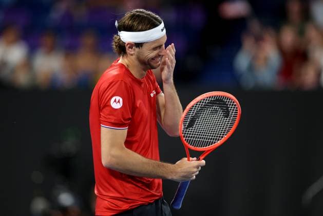 TENNIS UNITED CUP PERTH, Taylor Fritz of the USA reacts after winning a point against FÃ lix Auger-Aliassime of Canada during their group stage match of the 2025 United Cup at RAC Arena in Perth, Sunday, December 29, 2024. ( NO ARCHIVING, EDITORIAL USE ONLY, NO USE IN BOOKS WITHOUT CONSENT PERTH WESTERN AUSTRALIA AUSTRALIA WANGARA  Copyright: xRICHARDxWAINWRIGHTx 20241230137292414308