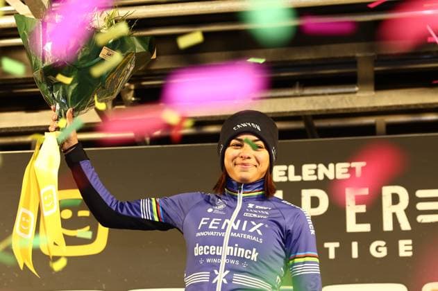 Dutch Ceylin Del Carmen Alvarado pictured on the podium after the women elite race of Diegem Cross cyclocross cycling event, Monday 30 December 2024 in Diegem, stage 6 8 in the Superprestige cyclocross cycling competition. DAVIDxPINTENS  x109385377x
