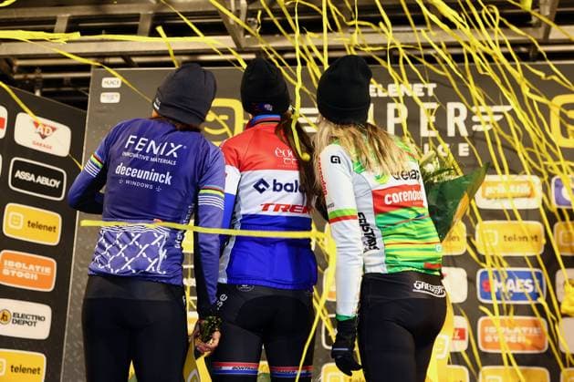 Dutch Ceylin Del Carmen Alvarado, Dutch Lucinda Brand and Dutch Inge van der Heijden pictured on the podium after the women elite race of Diegem Cross cyclocross cycling event, Monday 30 December 2024 in Diegem, stage 6 8 in the Superprestige cyclocross cycling competition. DAVIDxPINTENS  x109385380x