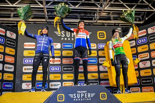 2024 Superprestige Cyclocross Diegem DIEGEM, BELGIUM - DECEMBER 30 : Brand Lucinda (NED) of Baloise Trek Lions, Alvarado Ceylin Del Carmen (NED) of Fenix - Deceuninck and Van Der Heijden Inge (NED) of Crelan - Corendon on the podium in action during the 6th leg of the 2024 - 2025 Telenet Superprestige cyclocross women elite race the evening cross of Diegem on December 30, 2024 in Diegem, Belgium, 30 12 2024 Diegem Belgium  Copyright: xNicoxVereeckenx