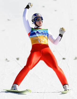 OLY-JUM-TEAM Thomas Morgenstern of Austria celebrates after landing his jump in the Team Ski jumping, Skispringen, Ski, nordisch event at the 2010 Olympic Winter games, Winterspiele,Spiele, Summer games in Whistler, B.C., on Monday, February 22, 2010. (Larry Wong Canwest News Service MCT) Whistler BC CAN EDITORIAL USE ONLY Copyright: xx 1084943 LarryxWongx krtphotoslive400816
