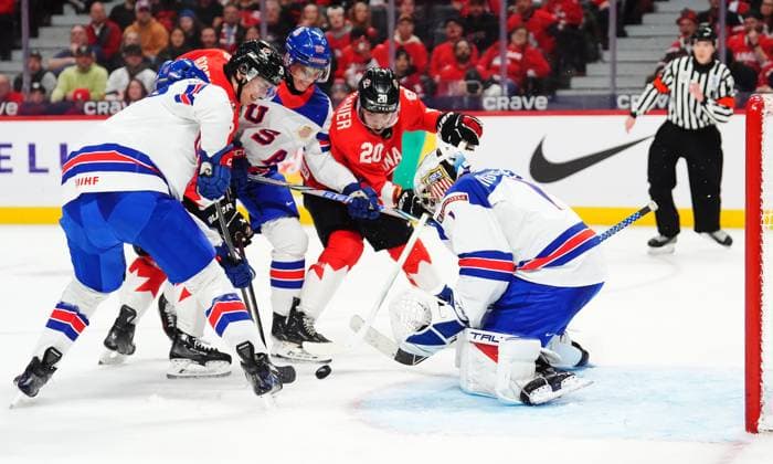 December 31, 2024, Ottawa, On, Canada: USA goaltender Trey Augustine (1) makes a save as USA s Drew Fortescue, left to right, Canada s Mathieu Cataford, USA s Zeev Buium, and Canada s Ethan Gauthier (20) battle for the rebound during second period IIHF World Junior Hockey Championship tournament action in Ottawa on Tuesday, Dec. 31, 2024. Canada News - December 31, 2024 - ZUMAc35_ 20241231_zaf_c35_022 Copyright: xSeanxKilpatrickx
