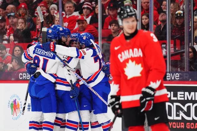 December 31, 2024, Ottawa, On, Canada: United States players celebrate Cole Hutson s (24) goal as Canada s Sam Dickinson (3) skates by during first period IIHF World Junior Hockey Championship tournament action in Ottawa on Tuesday, Dec. 31, 2024. Canada News - December 31, 2024  - ZUMAc35_ 20241231_zaf_c35_054 Copyright: xSeanxKilpatrickx