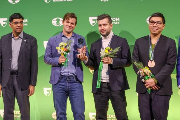 Sport Themen der Woche KW01 Sport Bilder des Tages December 31, 2024, New York, USA: FIDE Chess Rapid & Blitz Championship at New York. Medal Ceremony :.Vishi Anand Chief guest (L).Carlsen, Nepomniatchtchi (Russia) Shared Gold medal in Blitz and Bronze medal in Rapid section..Wesley SO (USA) Bronze New York USA - ZUMAs280 20241231_zsp_s280_042 Copyright: xSeshadrixSukumarx