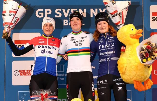 Dutch Lucinda Brand, Dutch Fem Van Empel and Dutch Puck Pieterse pictured on the podium after the women s elite race of the GP Sven Nys cyclocross cycling event on Wednesday 01 January 2025 in Baal, stage 5 8 in the X2O Badkamers Trofee Veldrijden competition. DAVIDxPINTENS  x109472874x