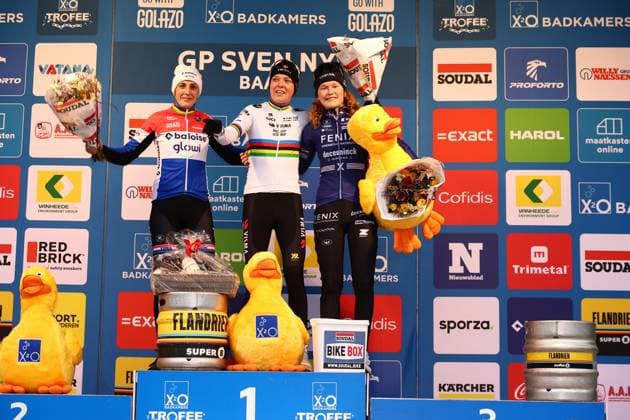 Dutch Lucinda Brand, Dutch Fem Van Empel and Dutch Puck Pieterse pictured on the podium after the women s elite race of the GP Sven Nys cyclocross cycling event on Wednesday 01 January 2025 in Baal, stage 5 8 in the X2O Badkamers Trofee Veldrijden competition. DAVIDxPINTENS  x109473136x