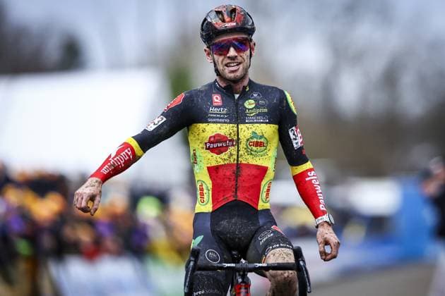 Belgian Eli Iserbyt celebrates as he crosses the finish line to win the men s elite race of the GP Sven Nys cyclocross cycling event on Wednesday 01 January 2025 in Baal, stage 5 8 in the X2O Badkamers Trofee Veldrijden competition. DAVIDxPINTENS  x109479104x