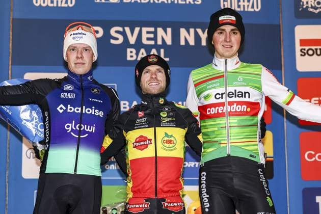 Dutch Pim Ronhaar, Belgian Eli Iserbyt and Belgian Emiel Verstrynge pictured on the podium after the men s elite race of the GP Sven Nys cyclocross cycling event on Wednesday 01 January 2025 in Baal, stage 5 8 in the X2O Badkamers Trofee Veldrijden competition. DAVIDxPINTENS  x109479105x