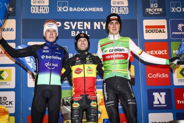Dutch Pim Ronhaar, Belgian Eli Iserbyt and Belgian Emiel Verstrynge pictured on the podium after the men s elite race of the GP Sven Nys cyclocross cycling event on Wednesday 01 January 2025 in Baal, stage 5 8 in the X2O Badkamers Trofee Veldrijden competition. DAVIDxPINTENS  x109479108x