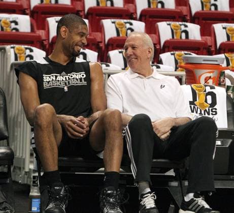 Game 6 - NBA, Basketball Herren, USA Finals San Antonio forward Tim Duncan, left, talks with head coach Gregg Popovich during the team s practice, Tuesday, June 18, 2013, at the AmericanAirlines Arena in Miami, Florida, in preparation for Game 6 of the NBA Finals against the Miami Heat, set for this evening (David Santiago El Nuevo Herald MCT) Miami FL USA EDITORIAL USE ONLY Copyright: xx 1140051 DavidxSantiagox krtphotoslive623101
